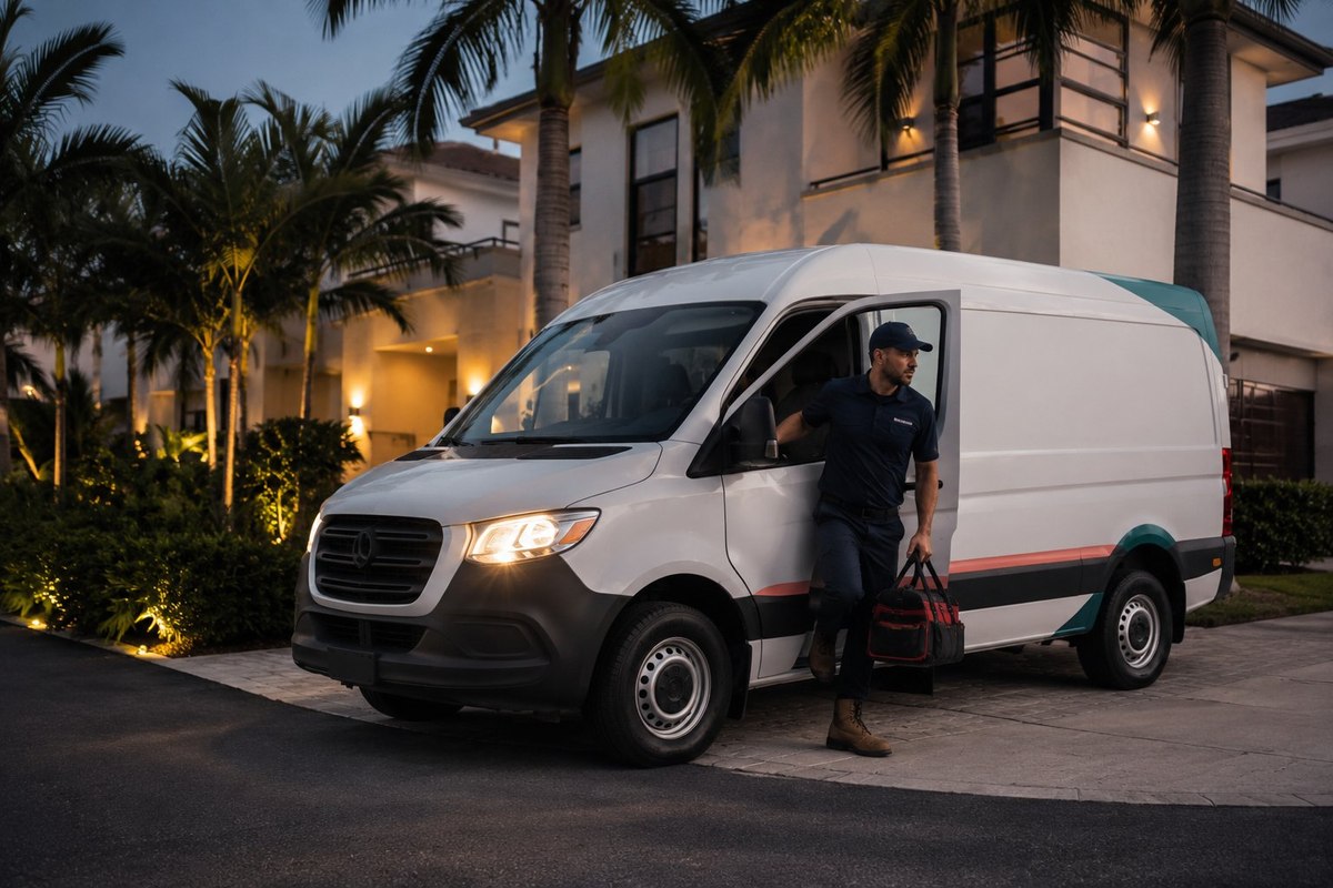 Plumber Miami Pros emergency van outside a Miami home at night