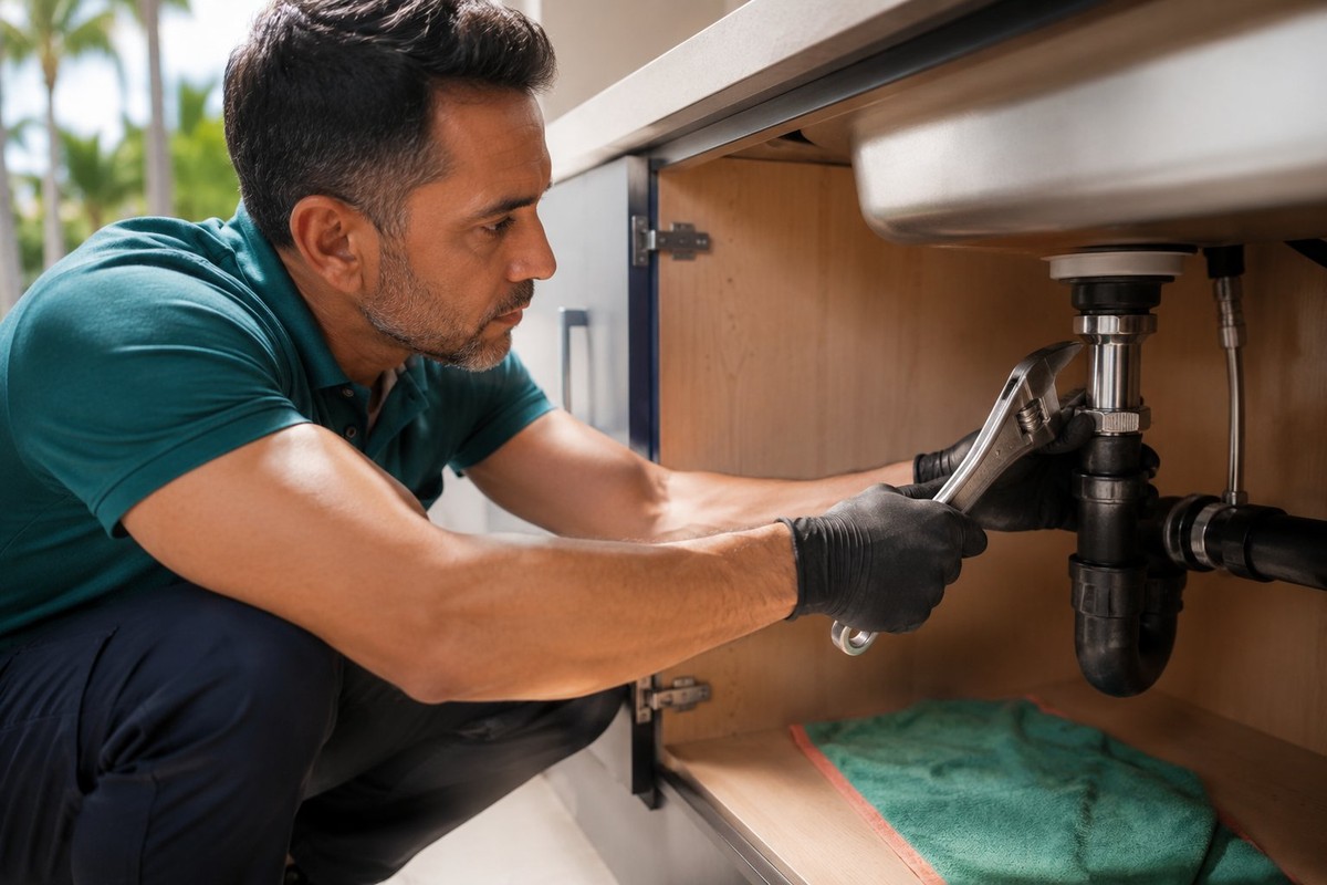 Licensed plumber tightening a fitting under a sink during a repair in Miami